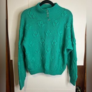 DD Sloane Women’s (VTG L) Teal Wool Blend Knit Pullover Sweater Floral Motif 80s